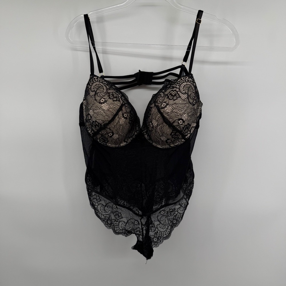 Fredricks of Hollywood Black Lace Teddy Bodysuit 2X Strappy Cupped Sheer Mesh